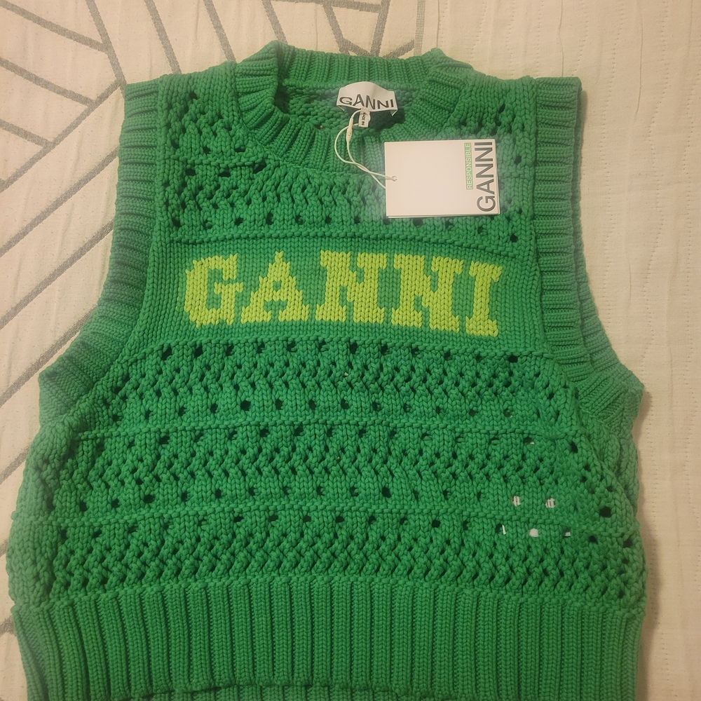 Ganni Green Sleeveless Knit Top with Yellow Logo